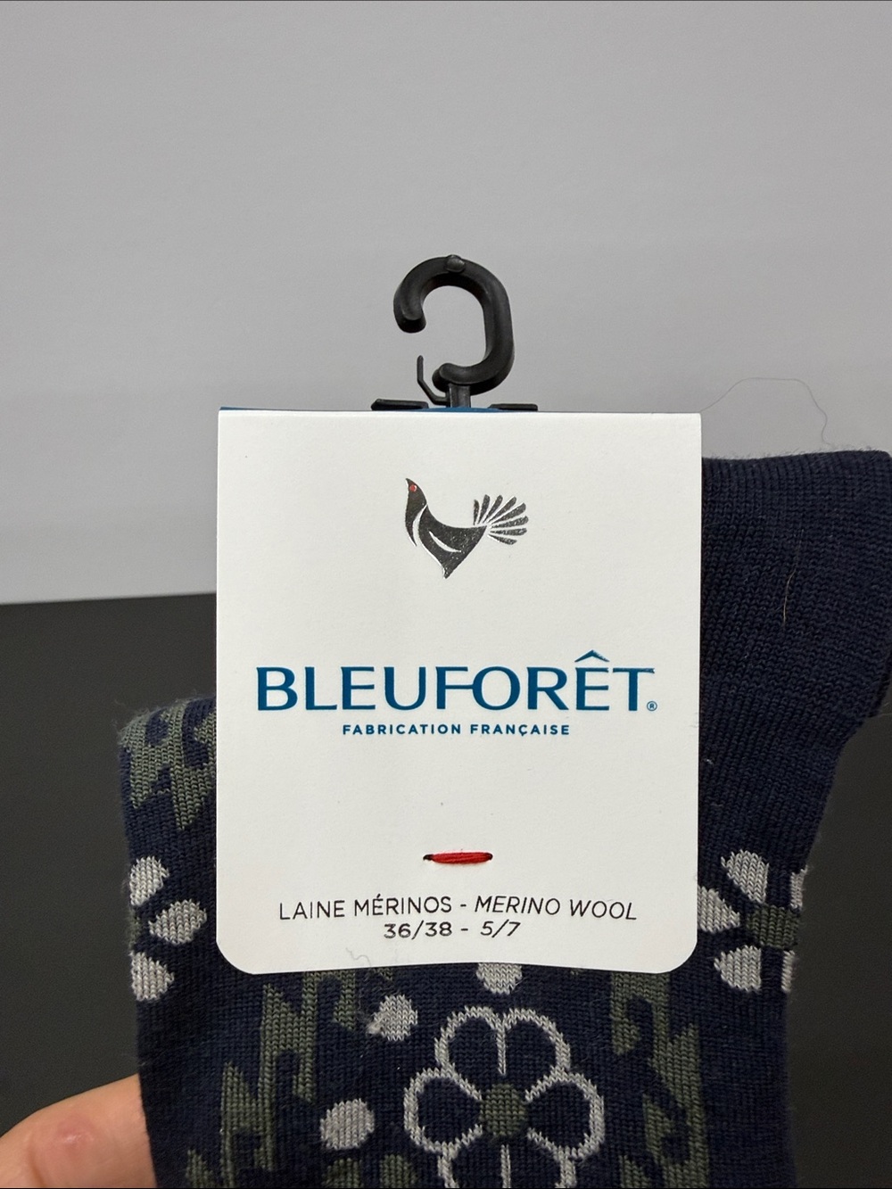Women’s Navy Floral Merino Wool Roll Top Socks - Picture 2 of 3